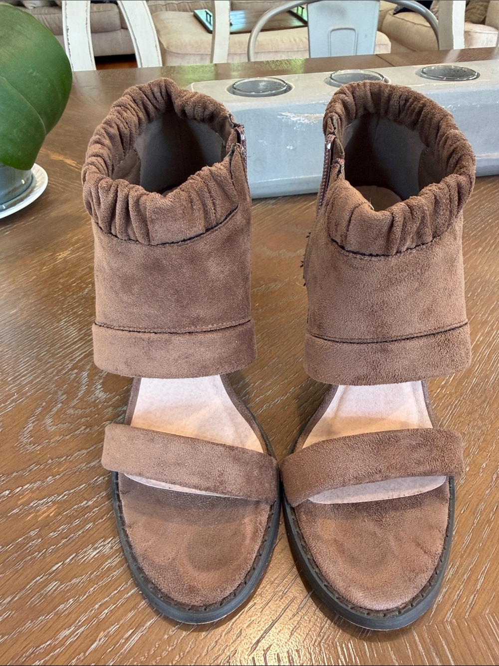 Brown Suede Ankle-Cuff Heeled Sandals